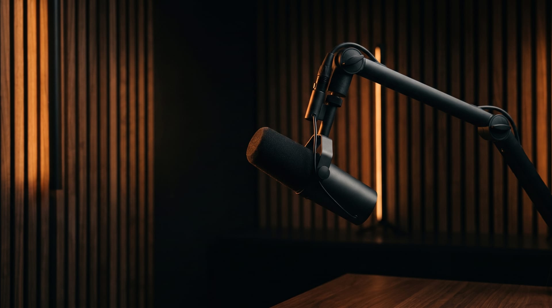 A studio microphone on a boom arm, warm and cinematic against wood panelling.